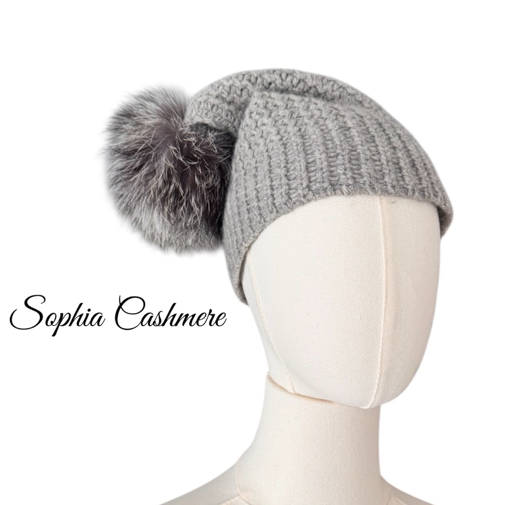 Sofia Cashmere Gray Cashmere Hat with Fox Fur Pom Pom